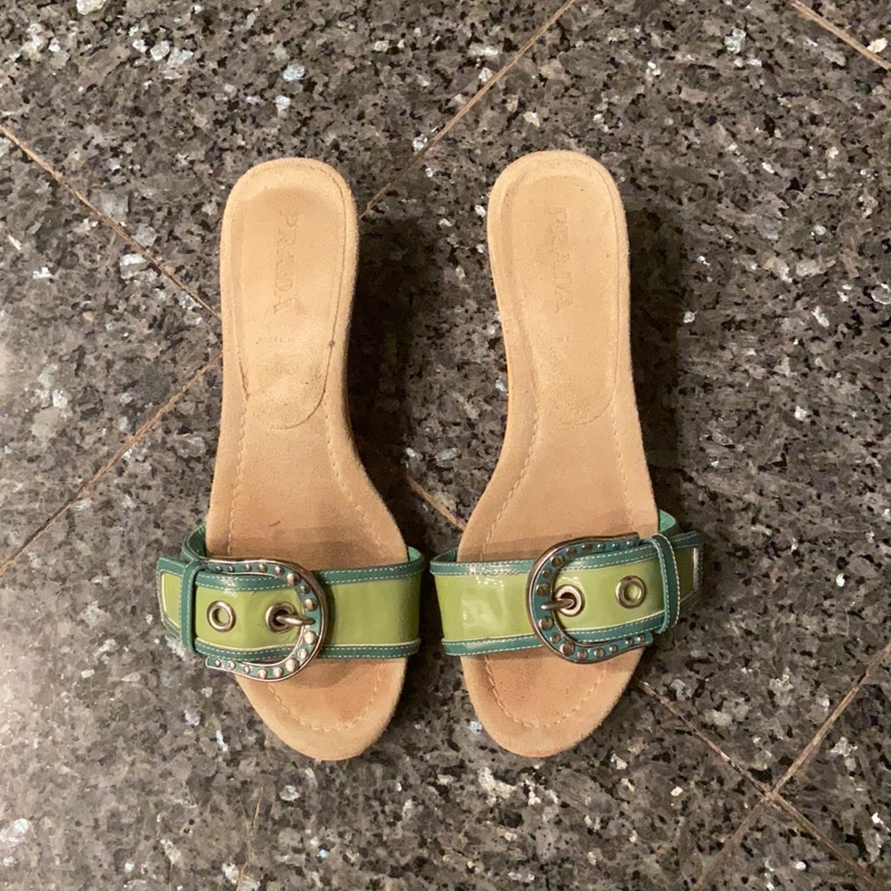 💯 Authentic Prada Green Slip On Sandals with Accented Buckle